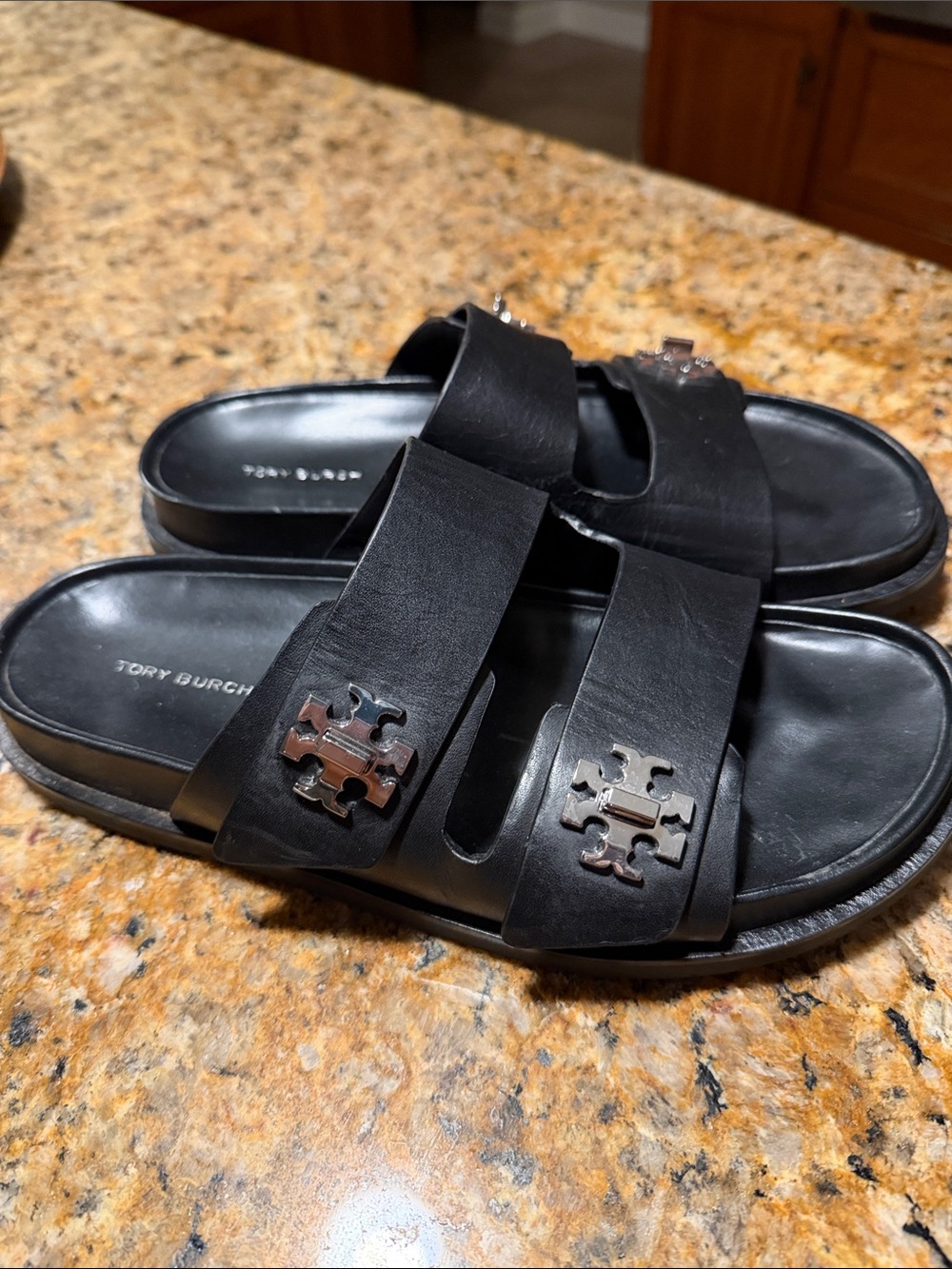 Tory Burch Black Double-Strap Logo Slide Sandals